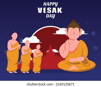 illustration vector graphic of monks worshiping buddha, showing temple background, perfect for religion, holiday, culture, vesak day, greeting card, etc.