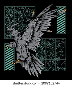 illustration vector graphic of Monochrome eagle , flying eagle, with modern geometric background, perfect for t-shirt , apparel, jacket, souvenirs, merchandise design.