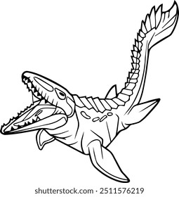 illustration vector graphic of Mosasaurus dinosaur is the largest aquatic dinosaur ever found in history. Black and white silhouette is good for learning and education.