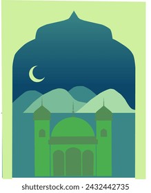Illustration vector graphic of mosque with background mountain and crescent moon. Good for Islamic event, poster, banner, greeting card, invitation card, background, icon, logo, etc.