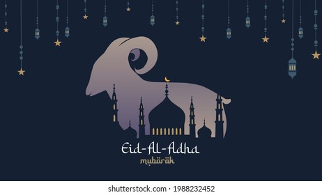 illustration vector graphic of mosque and goat in silhouette with glowing lantern for eid al adha mubarak. good for background, banner, card, poster flyer template, etc.