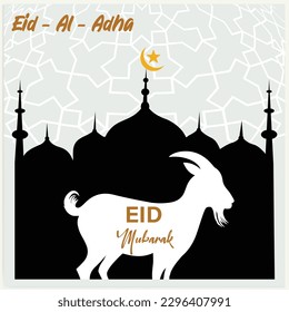Gráfico vectorial de ilustración de una mezquita y cabra en silueta con una linterna brillante para Eid al adha mubarak. bueno para plantillas de fondo, banner, tarjeta y volante de afiches.