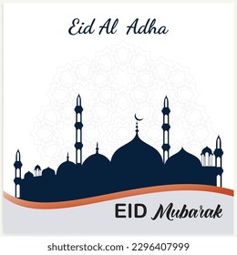 Illustration vector graphic of a mosque and goat in silhouette with a glowing lantern for Eid al adha mubarak. good for background, banner, card, and poster flyer templates.