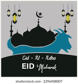 Illustration vector graphic of a mosque and goat in silhouette with a glowing lantern for Eid al adha mubarak. good for background, banner, card, and poster flyer templates.