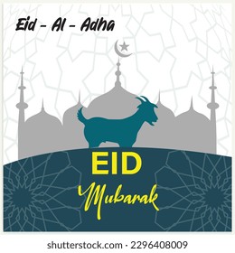 Illustration vector graphic of a mosque and goat in silhouette with a glowing lantern for Eid al adha mubarak. good for background, banner, card, and poster flyer templates.