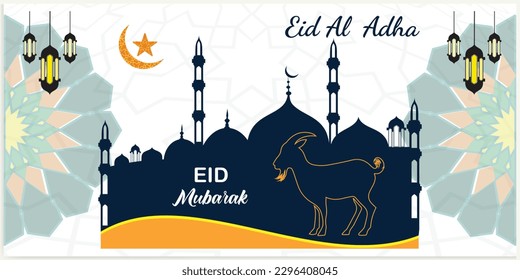 Illustration vector graphic of a mosque and goat in silhouette with a glowing lantern for Eid al adha mubarak. good for background, banner, card, and poster flyer templates.