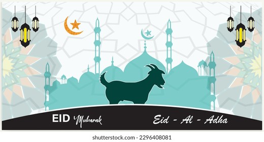 Illustration vector graphic of a mosque and goat in silhouette with a glowing lantern for Eid al adha mubarak. good for background, banner, card, and poster flyer templates.
