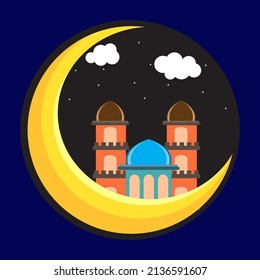 Illustration vector graphic of mosque and moon. Perfect for anything about ramadhan event, greeting card, banner, symbol, invitation.