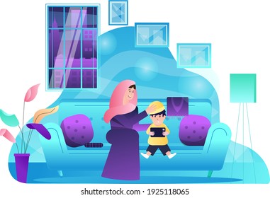 Ilustración Gráfico de una madre se prepara para ir a rezar con su hijo en la noche del mes de Ramadán
