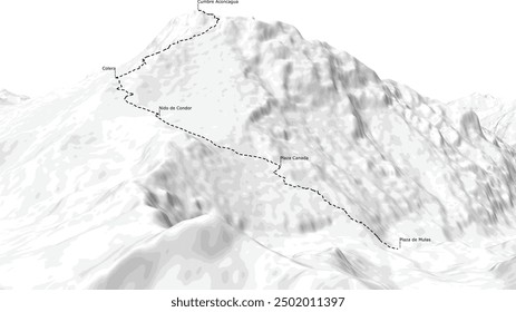 Illustration vector graphic of Mount Aconcagua, Argentina with climbing routes. Ideal for tourism and outdoor activity promotional needs.