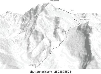 Illustration vector graphic of Mount Aconcagua, Argentina with climbing routes from East side. Good for a variety of tourism and outdoor activity promotional needs.