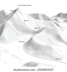 Illustration vector graphic of Mount Everest with climbing routes from North side. Good for a variety of tourism and outdoor activity promotional needs