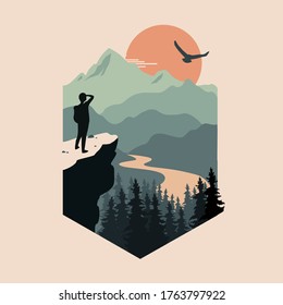 illustration vector graphic of 
mountain climber with amazing natural scenery.