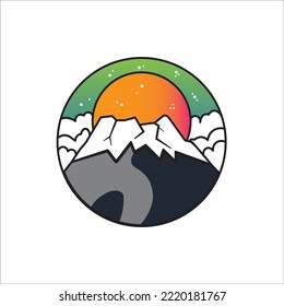 Illustration vector graphic of mountain with clouds and sunset. perfect for cloth design,logo and etc.