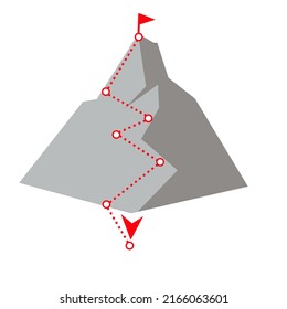 Illustration vector graphic of mountain hiking trail,red flag and road to mountain peak. Hiking,adventure,goal achievement,victory,success and winning concept in flat design.