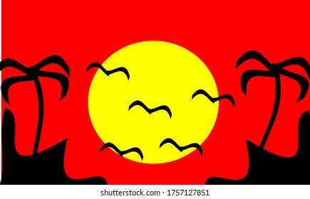 illustration vector graphic of mountain scenery, coconut trees and storks flying silhouettes at sunset with red as background concept design