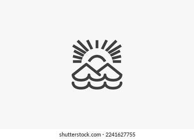 Illustration vector graphic of mountain, sun, and ocean waves.Good for icon or logo 