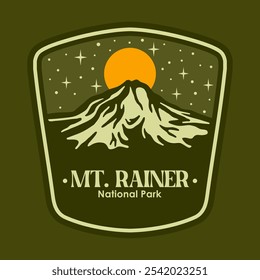 Ilustración Vector gráfico de MT. ILUSTRACIÓN VECTORIAL DE DISEÑO DE LOGOTIPOS DE LA INSIGNIA DEL PARQUE NACIONAL DE RAINER EN LA NOCHE para la Mercancía del diseño de la ropa, tales como logotipos en el empaquetado del producto