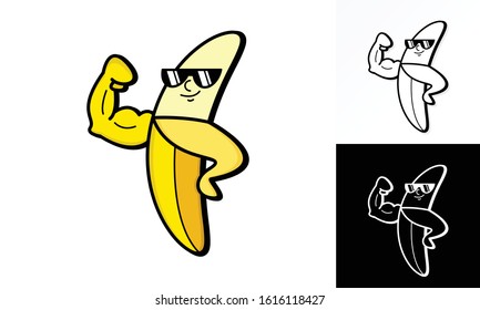 Illustration vector graphic of muscle banana showing his bicep. Perfect for nutrition product, etc.