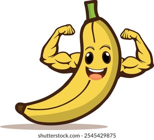 Illustration vector graphic of muscle banana showing his bicep. Perfect for nutrition product, Strong banana cartoon character Illustration, Funny Banana with Strong Arms