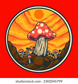 Illustration vector graphic of MUSHROOM BADGE LOGO suitable for logo product also for design merchandise