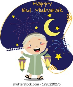 Illustration vector graphic of Muslim boy smiling while holding two lanterns and fireworks behind him. Perfect for children's book for introduces Islamic traditions to children about Eid al-Fitr.