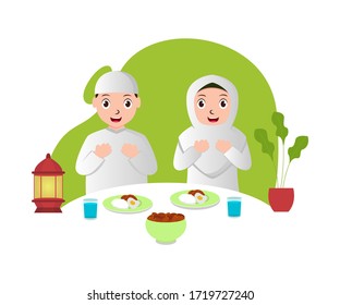 Illustration vector graphic of Muslim couple who are iftar. Perfect for Ramadan illustrations. vector illustration