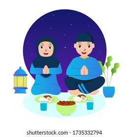 Illustration vector graphic of Muslim couple who are iftar. Perfect for Ramadan illustrations. vector illustration