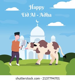 illustration vector graphic of a muslim holding a knife in front of a cow, perfect for religion, holiday, culture, tradition, greeting card, etc.