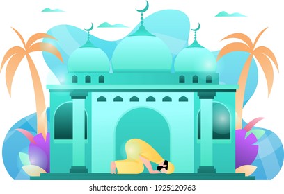 Illustration Vector Graphic of A Muslim man doing a sujood and praying in the mosque during the month of Ramadan