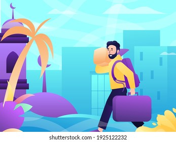 Illustration Vector Graphic Of A Muslim Man Travel Back To Hometown Parents Village To Celebrate Eid Fitri Holiday