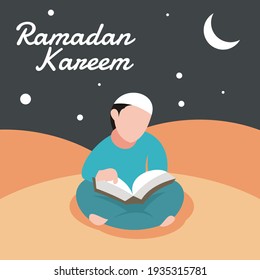 illustration vector graphic of Muslim men are reading the Quran in the desert at night, perfect for religion, culture, ramadan kareem, greeting card, poster, background, etc.