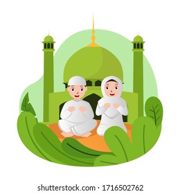 Illustration vector graphic of muslim people who are praying. Good for illustration, posters, UI, UX Ramadan moment. vector illustration