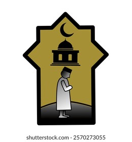 Illustration vector graphic of muslim people who are praying with mosque vector background, vector design illustration of ramadan, eid, isra miraj, lailatul qadar and other islamic events