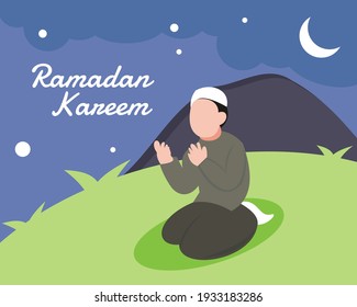 Illustration Vector Graphic Of A Muslim Is Praying At Night And Chanting Ramadan Kareem, Perfect For Islamic, Culture, Religion, Poster, Infographic, Etc.

