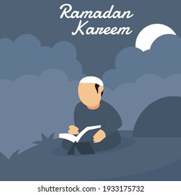 illustration vector graphic of a Muslim reading the Quran at night during the crescent moon, perfect for religion, background, poster, greeting, culture, etc.