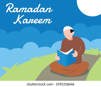 Vektorgrafik eines Moslems, der den Koran auf einer Gebetmatte liest und einen Blick auf den blauen Himmel und den Mond zeigt, perfekt für Religion, Grußkarte, Ramadan Kareem, Islamik usw.