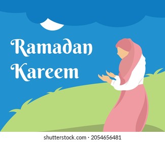 illustration vector graphic of Muslim woman praying in the garden on the night of Ramadan, perfect for islamic, ramadan kareem, religion, holiday, background, mubarak, etc.

