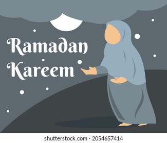 illustration vector graphic of Muslim woman praying at night, showing full moon view, perfect for islamic, greeting, ramadan kareem, religion, moslem, etc.

