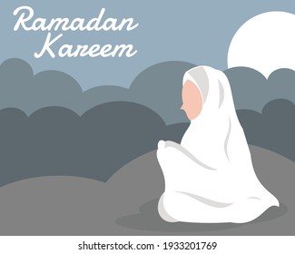 Vektorgrafik von muslimischen Frauen beten nachts unter Mondlicht, perfekt für Religion, Islamismus, Poster, Infografik, ramadan kareem, Gruß, etc.

