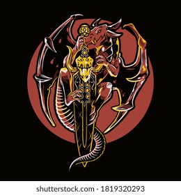 Illustration vector graphic of Mythical Dragon. Flying dragon holding a sword isolated on black background. Perfect for gaming logo, twitch, streamer, t-shirt, merchandise, etc.