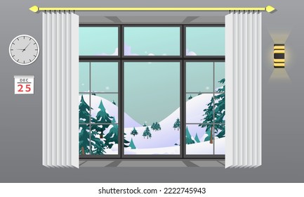 Illustration vector graphic of natural view from window. Christmas clock and date ornaments, xmas tree covered in snow. perfect for creating animated videos, greeting cards or backgrounds