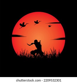 illustration vector graphic of Ninja, Assassin, Samurai training at night on a full moon. Perfect for wallpaper, poster, etc.