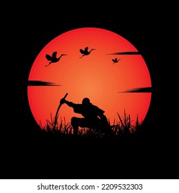 illustration vector graphic of Ninja, Assassin, Samurai training at night on a full moon. Perfect for wallpaper, poster, etc.