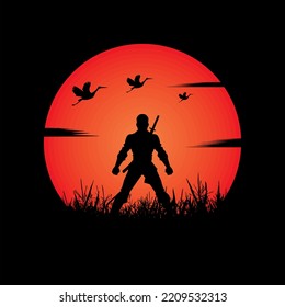 illustration vector graphic of Ninja, Assassin, Samurai training at night on a full moon. Perfect for wallpaper, poster, etc.