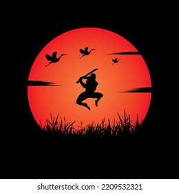 illustration vector graphic of Ninja, Assassin, Samurai training at night on a full moon. Perfect for wallpaper, poster, etc.