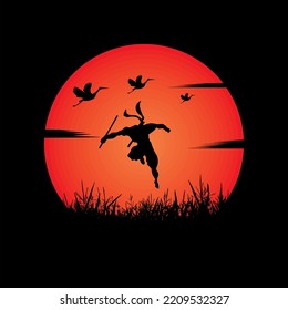 illustration vector graphic of Ninja, Assassin, Samurai training at night on a full moon. Perfect for wallpaper, poster, etc.