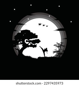 illustration vector graphic of Ninja, Assassin, Samurai training at night on a full moon. Perfect for wallpaper, poster, etc.