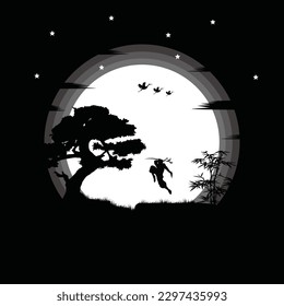 illustration vector graphic of Ninja, Assassin, Samurai training at night on a full moon. Perfect for wallpaper, poster, etc.