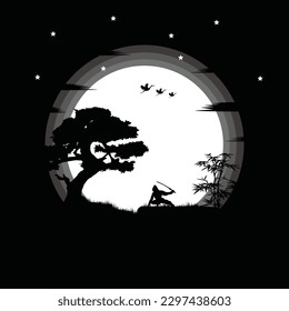 illustration vector graphic of Ninja, Assassin, Samurai training at night on a full moon. Perfect for wallpaper, poster, etc.